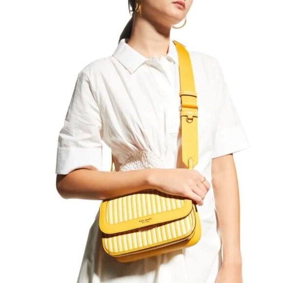 Kate Spade Buddie Shoulder Bag Clutch Yellow Leather Straw Crossbody ORG PKG - Picture 4 of 12